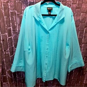 Maggie Barnes Women’s Blouse Sz 4X 30/32W Blue Stretch Bell Sleeve Turquoise